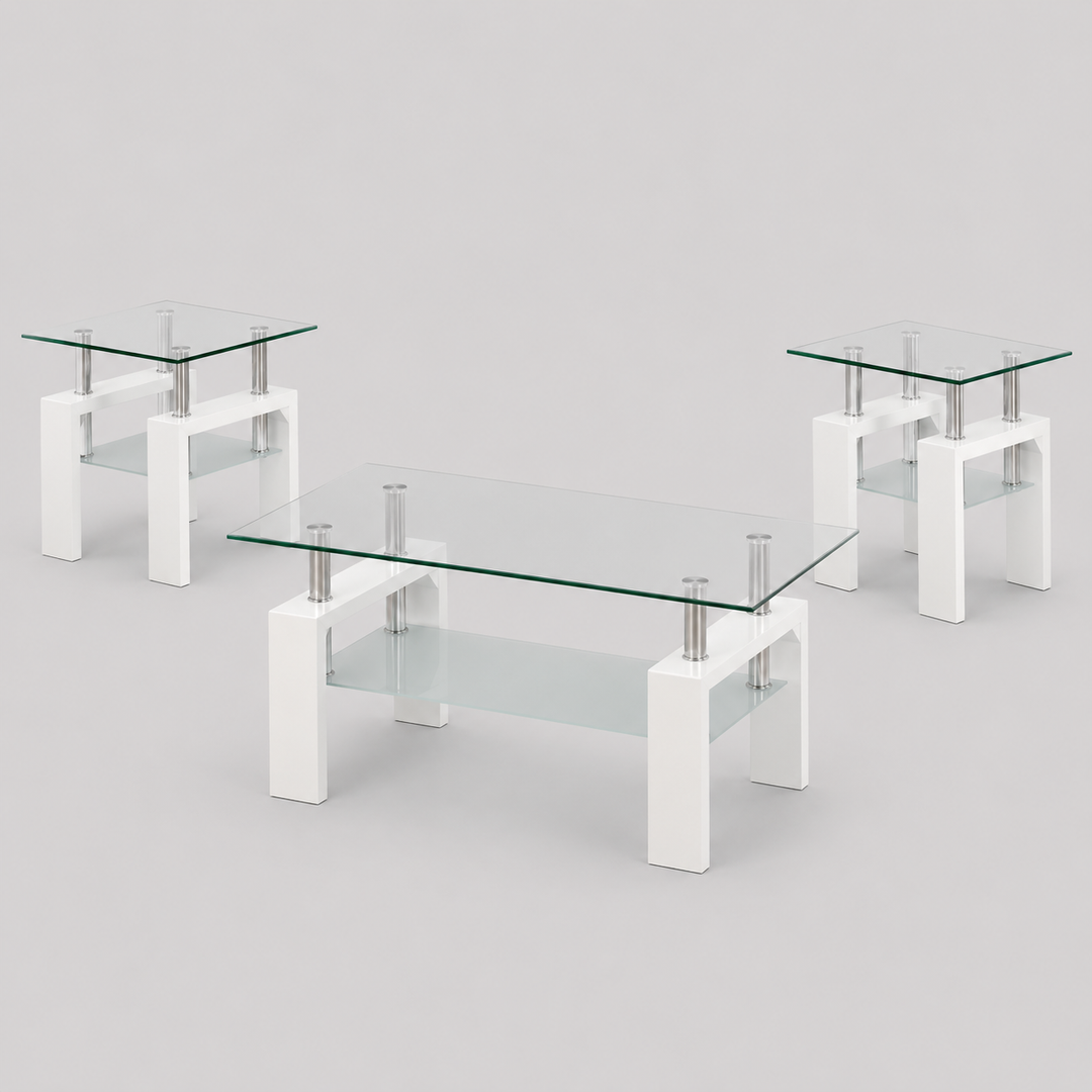 Qelviro 3 Piece Coffee Table Set – Modern Minimalist Clear Tempered Glass Coffee Table with Frosted Shelf and Glossy White Legs