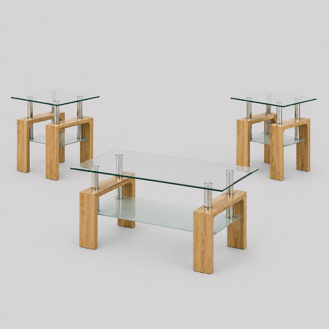 Qelviro 3 Piece Coffee Table Set – Scandinavian Contemporary Clear Tempered Glass Coffee Table with Frosted Shelf and Natural Wood Finish Legs