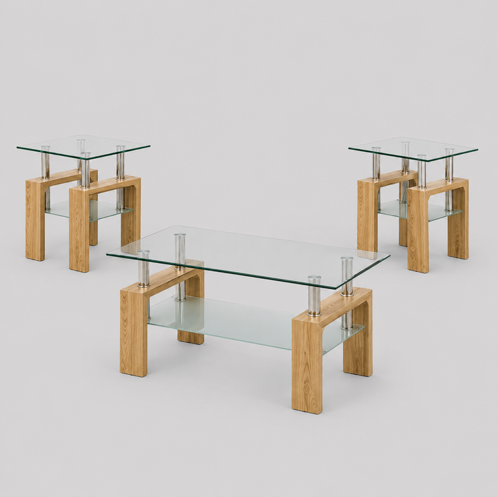 Qelviro 3 Piece Coffee Table Set – Scandinavian Contemporary Clear Tempered Glass Coffee Table with Frosted Shelf and Natural Wood Finish Legs