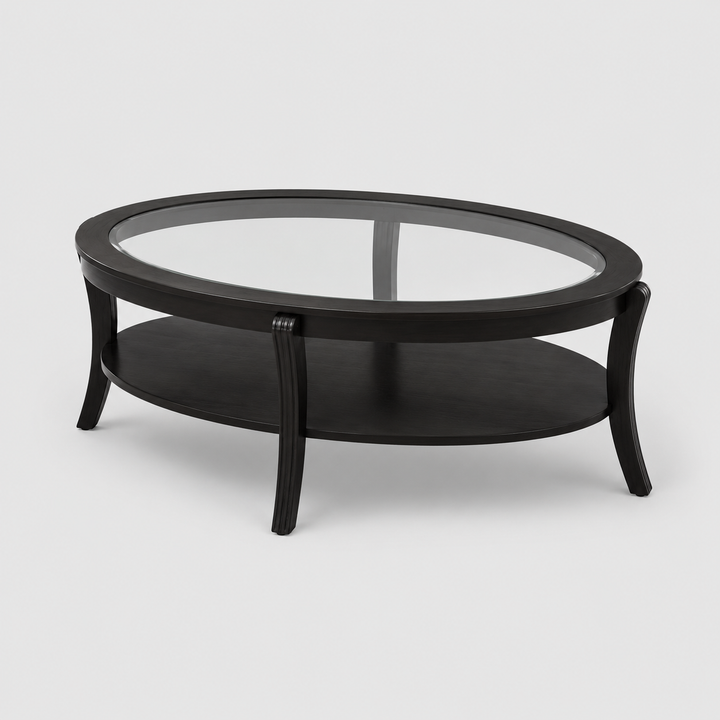 Praevor Oval Coffee Table – Modern Espresso Finish Coffee Table with Glass Insert and Open Shelf