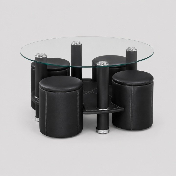 Ovrento Coffee Table Set with 4 Stools – Black Tempered Glass Coffee Table with Contrast Stitching Details