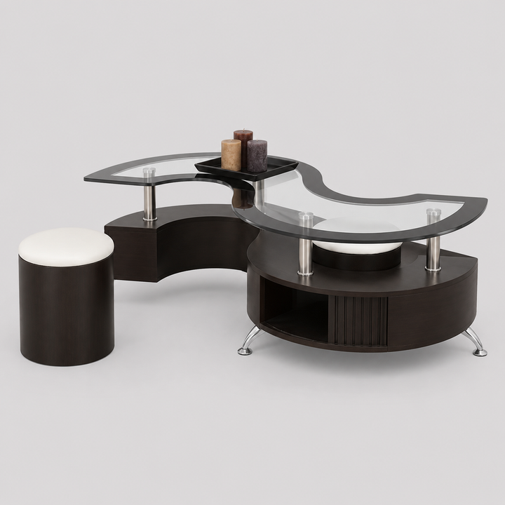 Nexario Coffee Table with 2 Stools and Storage – Modern 8mm Tempered Glass Coffee Table with Espresso Base