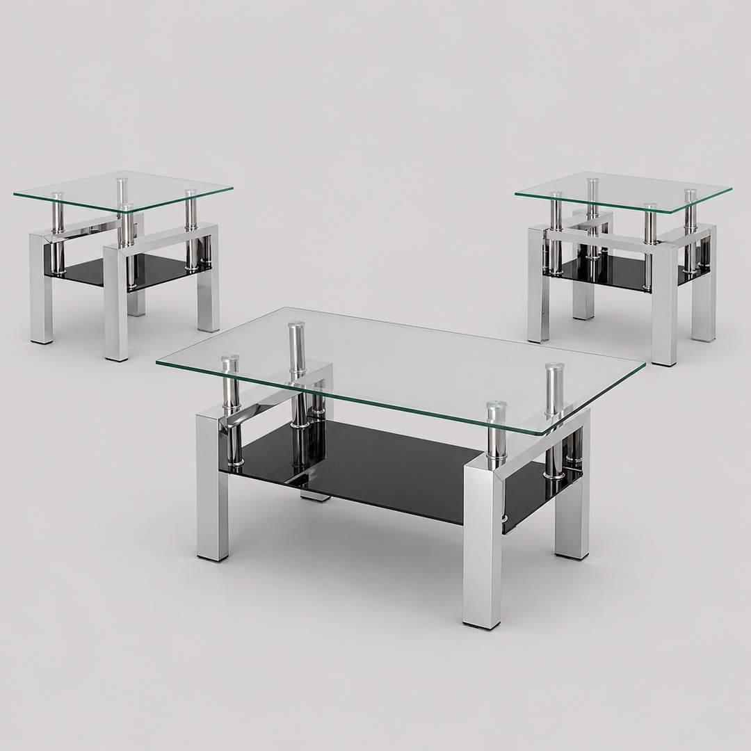 Mytravo 3 Piece Coffee Table Set – Modern Clear Tempered Glass Coffee Table with Black Bottom Glass and Chrome Legs