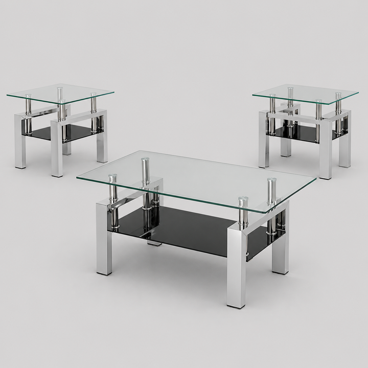Mytravo 3 Piece Coffee Table Set – Modern Clear Tempered Glass Coffee Table with Black Bottom Glass and Chrome Legs