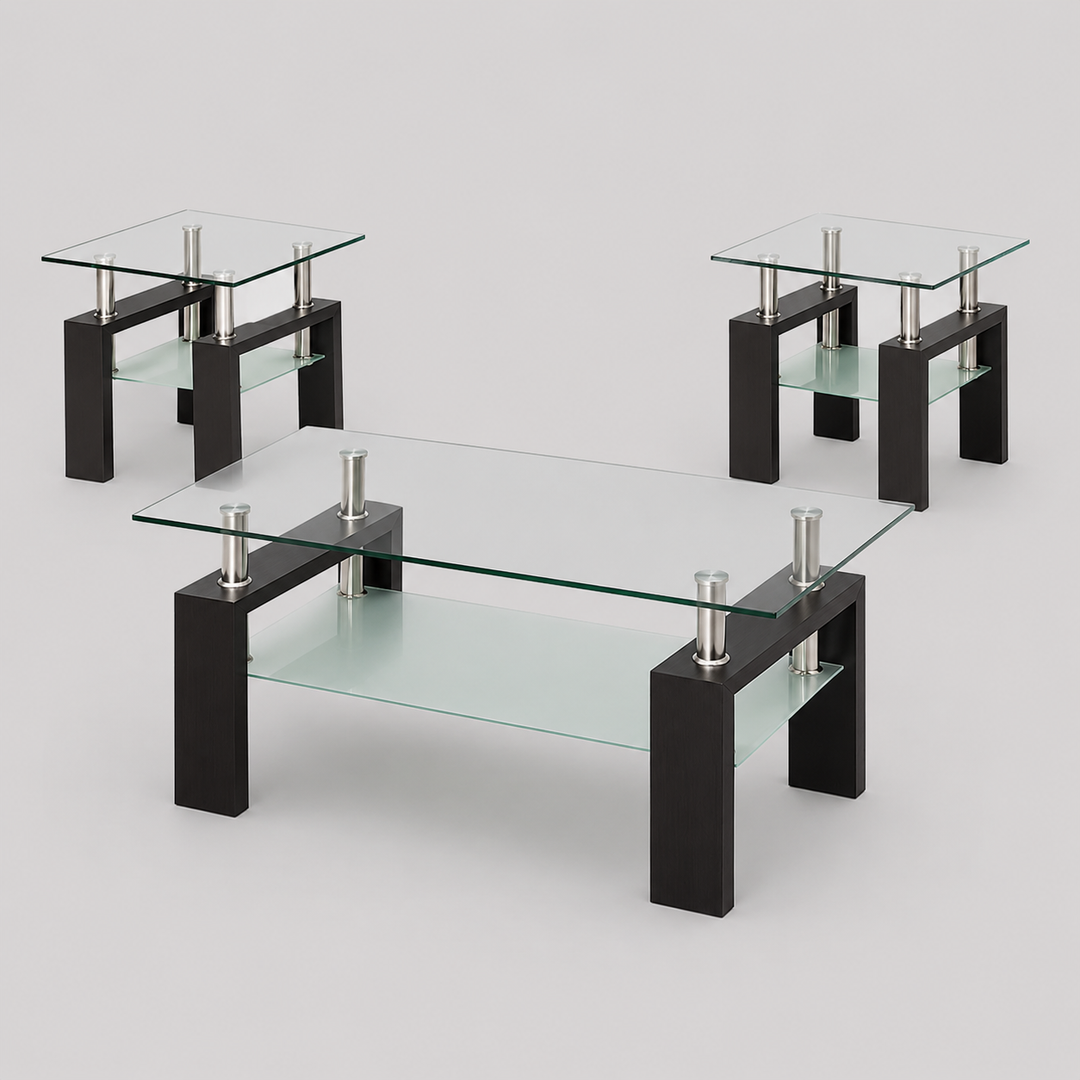 Lunvaro 3 Piece Coffee Table Set – Modern Clear Tempered Glass Coffee Table with Frosted Bottom Glass and Espresso Wooden Legs