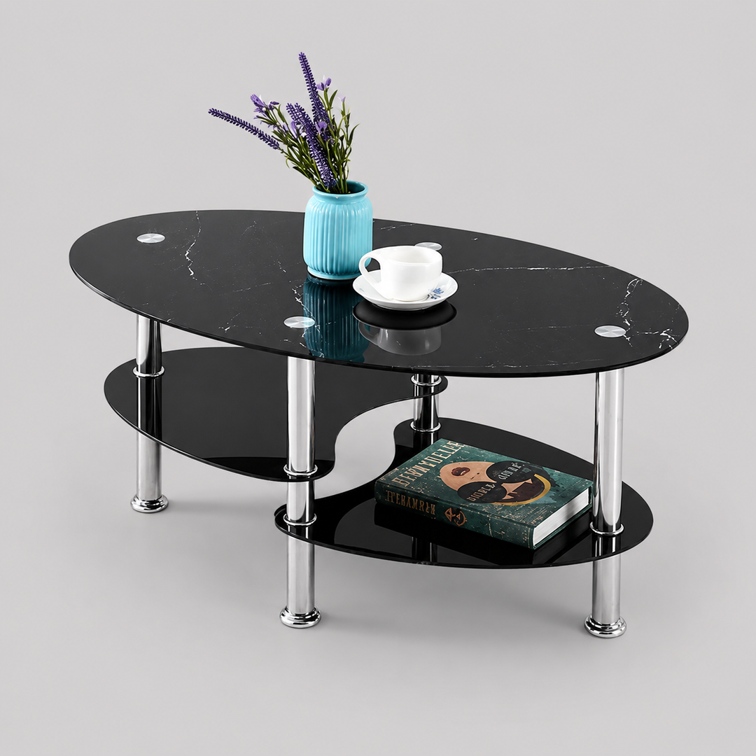 Jorvex Coffee Table – Black Marble Glass Coffee Table with Chrome Legs