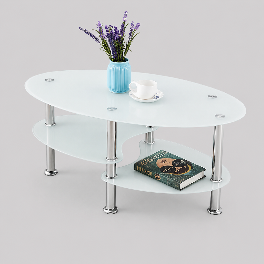 Jorvex Coffee Table – White Marble Glass Coffee Table with Chrome Legs