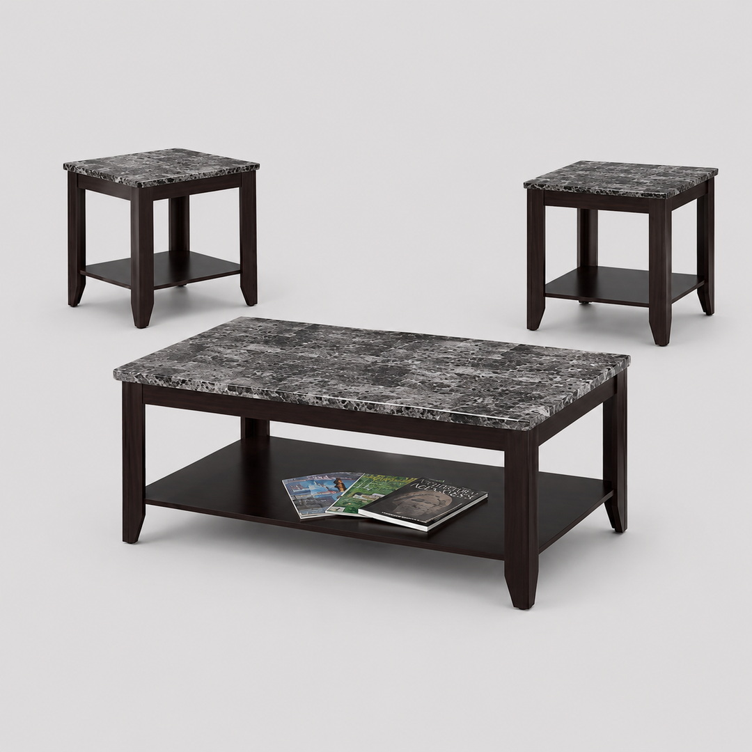 Iverro 3 Piece Coffee Table Set – Espresso Finish Coffee Table with Faux Dark Marble Top and Matching End Tables