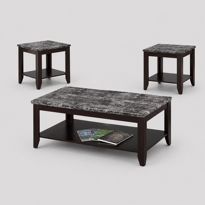 Iverro 3 Piece Coffee Table Set – Espresso Finish Coffee Table with Faux Dark Marble Top and Matching End Tables