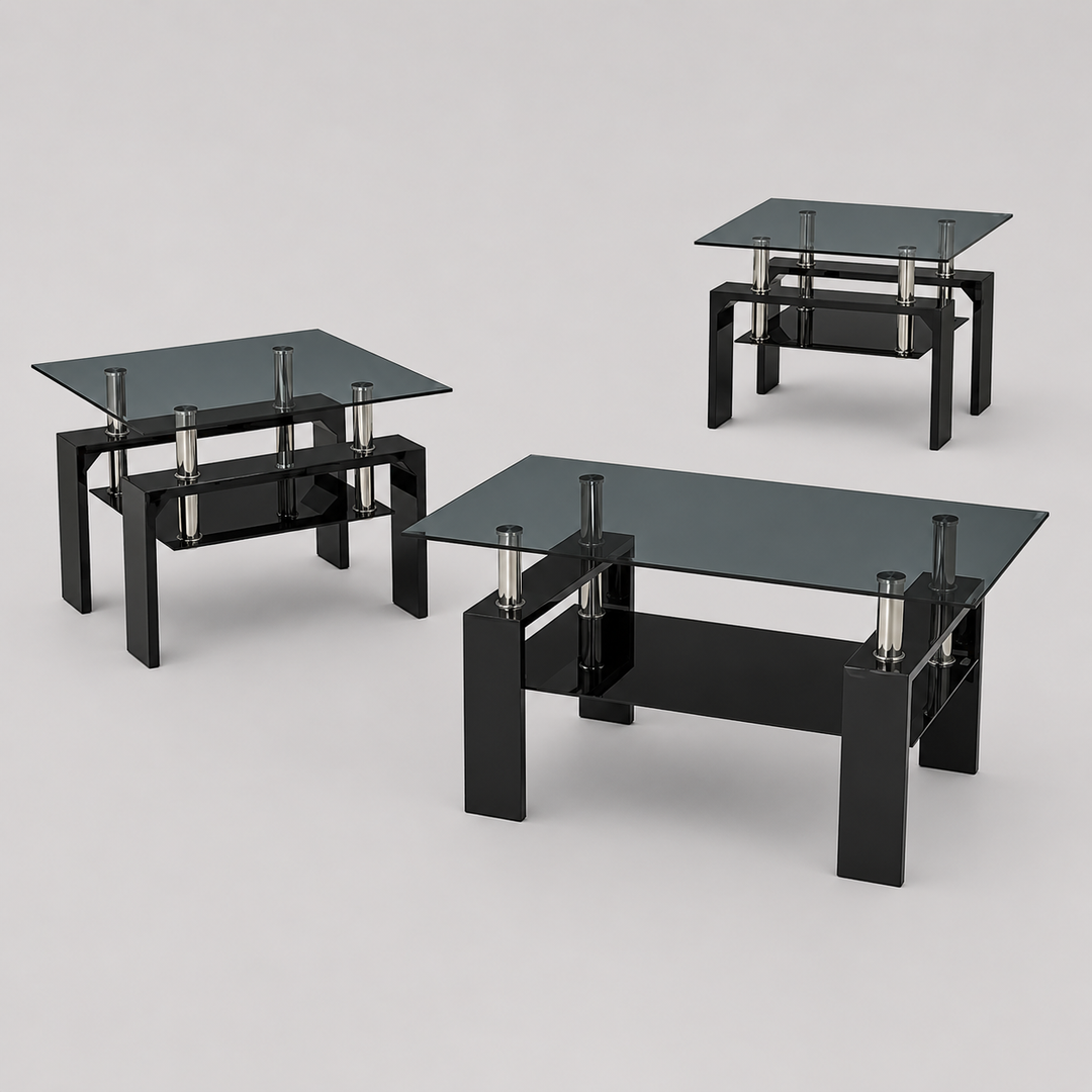 Fyntrix 3 Piece Coffee Table Set – Modern Smoked Glass Coffee Table with Black High Gloss Legs and Chrome Accents