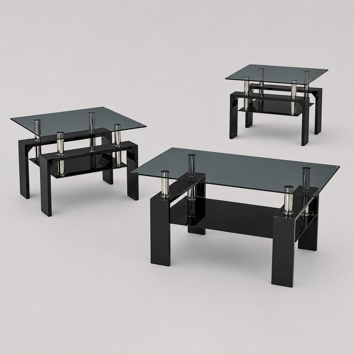 Fyntrix 3 Piece Coffee Table Set – Modern Smoked Glass Coffee Table with Black High Gloss Legs and Chrome Accents