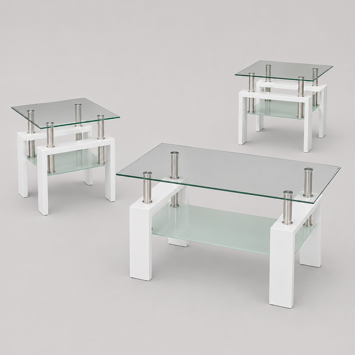 Fyntrix 3 Piece Coffee Table Set – Modern Clear Tempered Glass Coffee Table with Frosted Bottom Glass and White High Gloss Legs with Chrome Accents