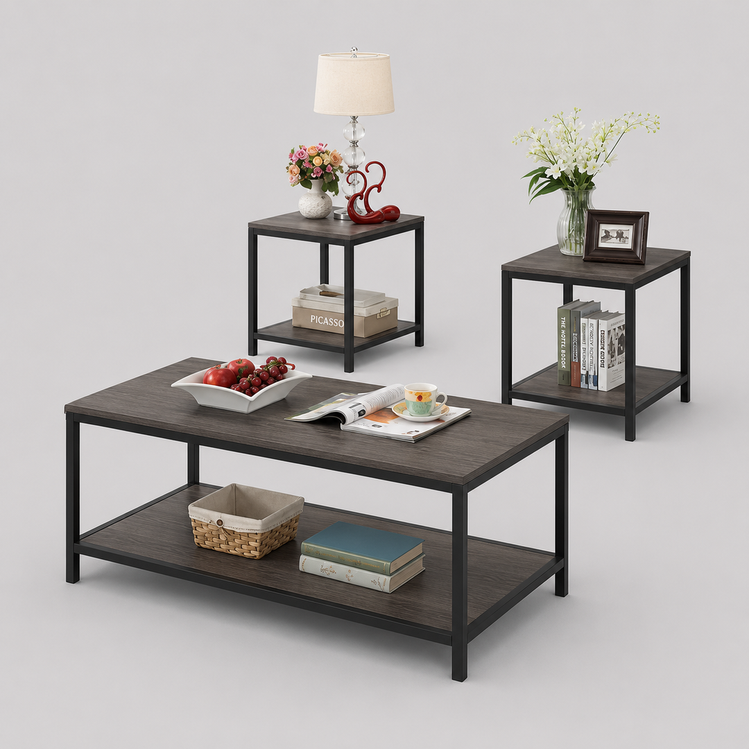 Elarvo 3 Piece Coffee Table Set – Distressed Wood Coffee Table with Metal Base and Matching End Tables