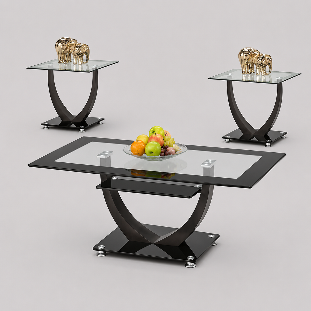 Dovaire 3 Piece Coffee Table Set – Tempered Glass Coffee Table and End Tables with Black Trim and Metal Base