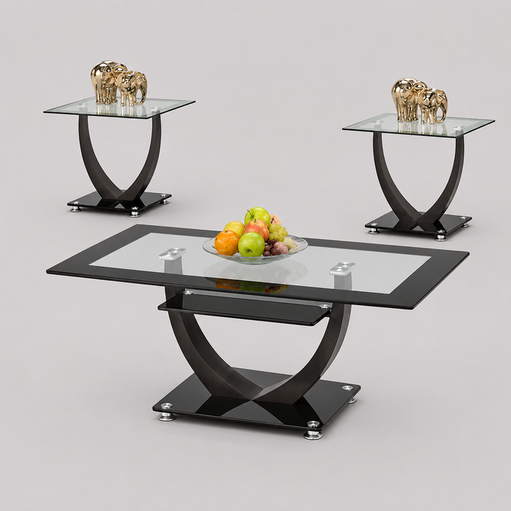 Dovaire 3 Piece Coffee Table Set – Tempered Glass Coffee Table and End Tables with Black Trim and Metal Base
