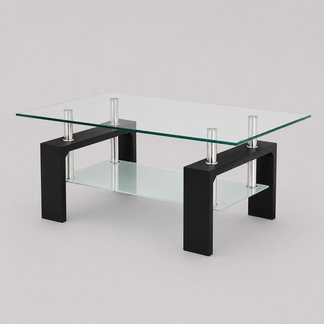 Bravique Coffee Table – Modern Tempered Glass Coffee Table with Espresso and Chrome Legs