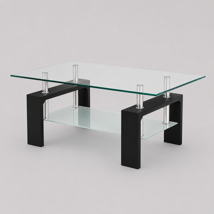 Bravique Coffee Table – Modern Tempered Glass Coffee Table with Espresso and Chrome Legs