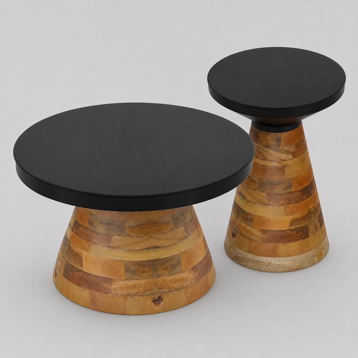 Dravon 2-Piece Round Coffee Table Set – Black Iron Top with Solid Mango Wood Base (Light Walnut Finish)