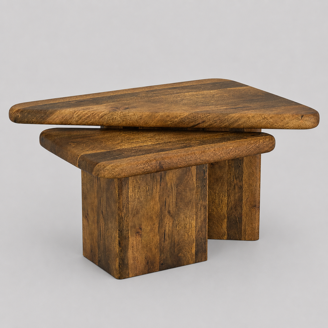 Calnex Mid-Century Modern Nesting Coffee Table Set – 2-Piece Solid Mango Wood Triangular Tables (Light Walnut Finish)