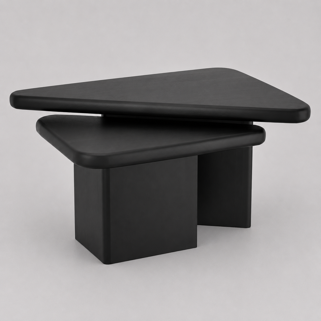 Calnex Mid-Century Modern Nesting Coffee Table Set – 2-Piece Solid Mango Wood Triangular Tables (Black Finish)