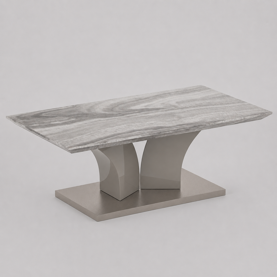 Omnira Modern Coffee Table – Reverse Bevel Faux Marble Top with Geometric Grey Posts & Stainless Steel Wrapped Base