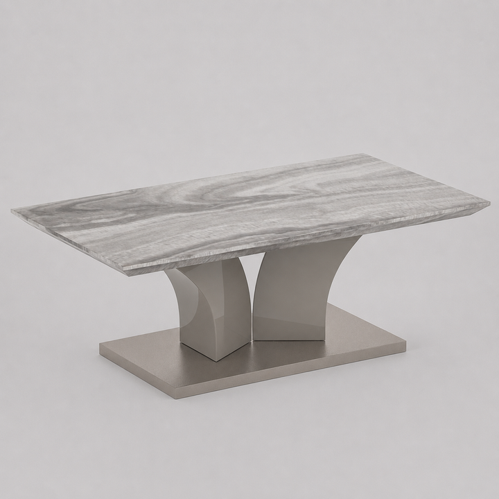 Omnira Modern Coffee Table – Reverse Bevel Faux Marble Top with Geometric Grey Posts & Stainless Steel Wrapped Base