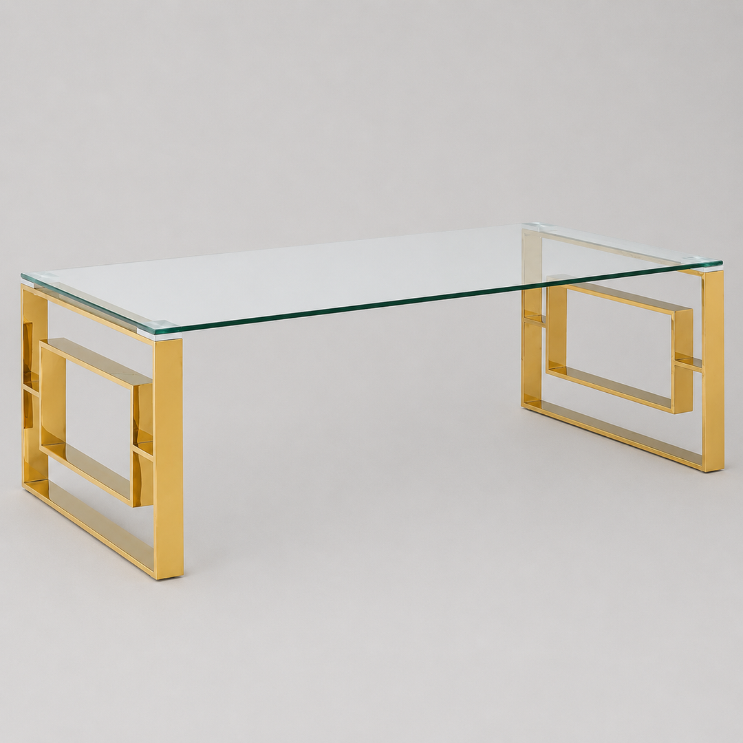 Velquro Contemporary Coffee Table – 8mm Clear Tempered Glass Top with Geometric Lattice Stainless Steel Frame (Polished Gold Finish)