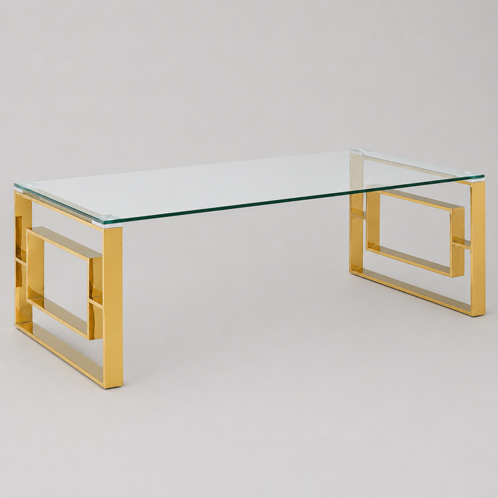 Velquro Contemporary Coffee Table – 8mm Clear Tempered Glass Top with Geometric Lattice Stainless Steel Frame (Polished Gold Finish)
