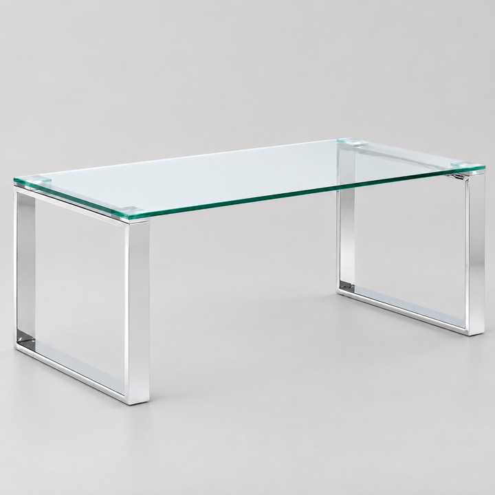 Elsinora Contemporary Coffee Table – 8mm Clear Tempered Glass Top with Stainless Steel Frame (Polished Silver Finish)