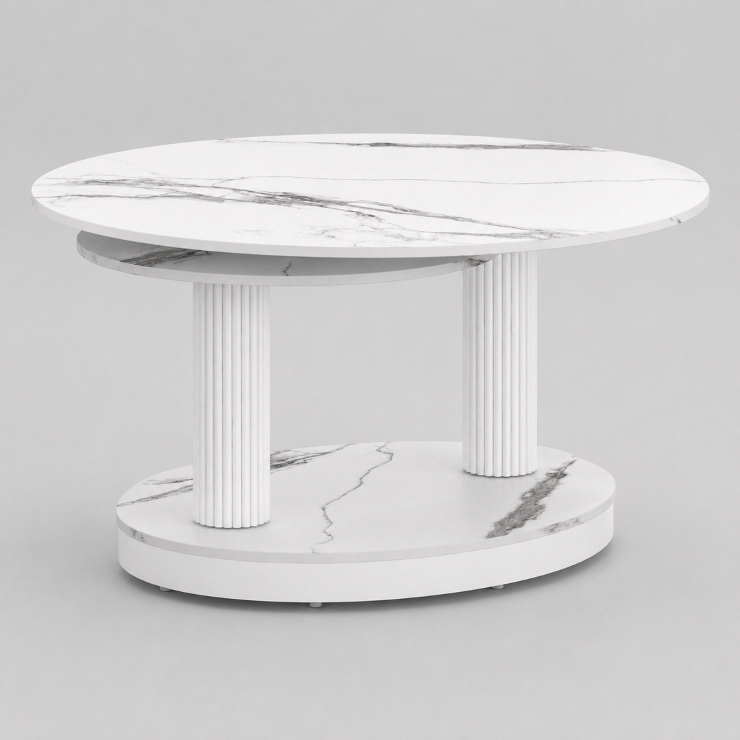 Trionex Contemporary Coffee Table – Extendable Sintered Stone Top with White Marble Finish & Reeded Steel Base