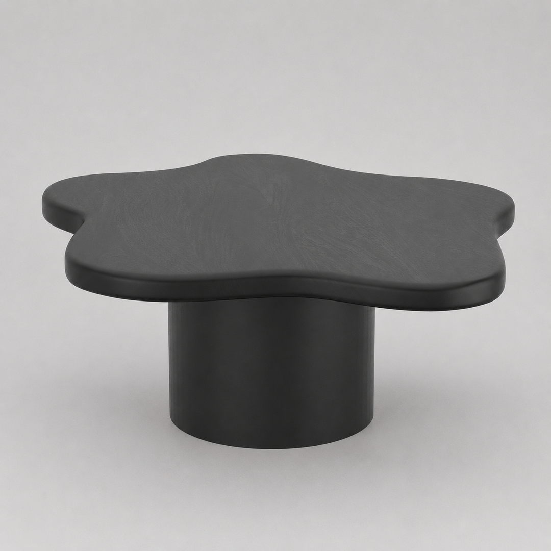 Norvella Mid-Century Modern Coffee Table – Freeform Solid Mango Wood Top with Pedestal Base (Black Finish)