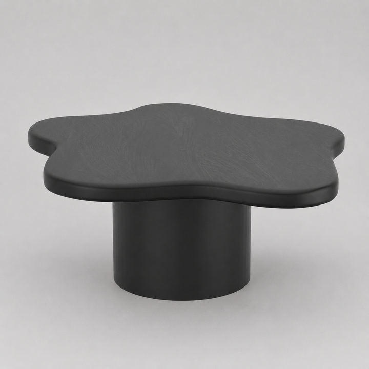 Norvella Mid-Century Modern Coffee Table – Freeform Solid Mango Wood Top with Pedestal Base (Black Finish)