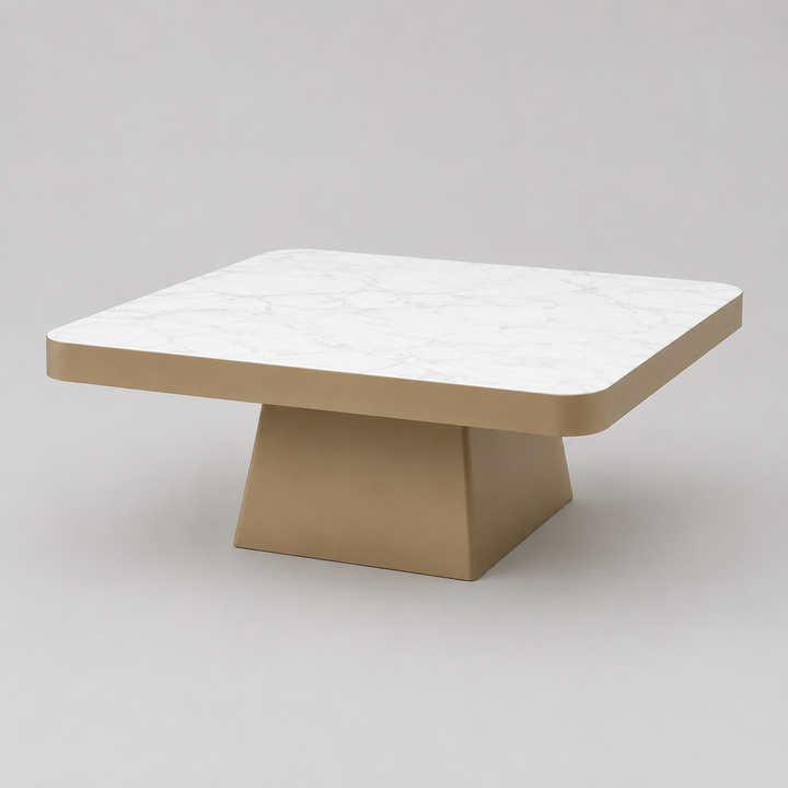 Veloura Gold Luxury Marble Coffee Table with Sculptural Gold Metal Base, Round Stone Top & Modern Elegant Design for Contemporary Living Rooms