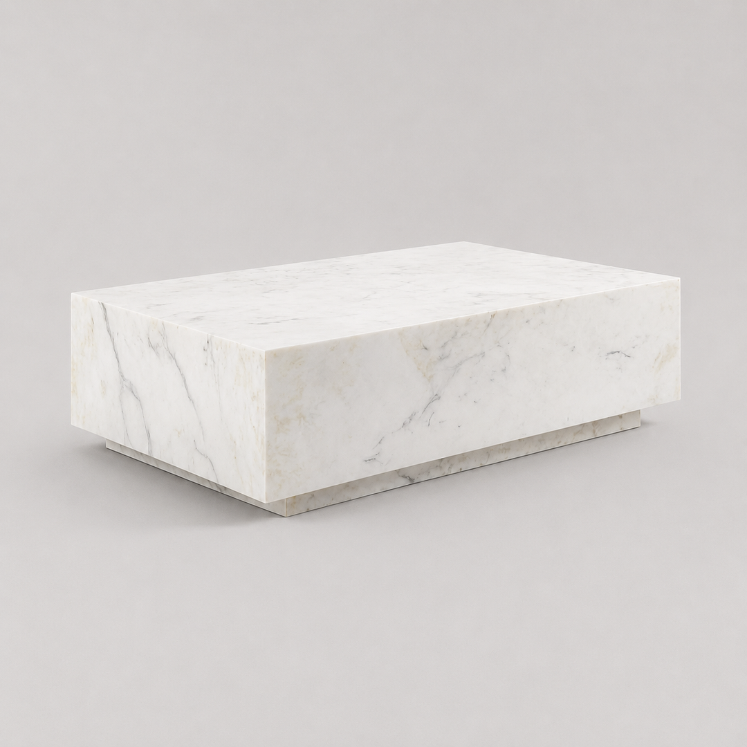 Altamira Luxury Solid Marble Coffee Table with Beveled Edges, Minimalist Block Design & Natural Stone Veining for Modern Elegant Interiors