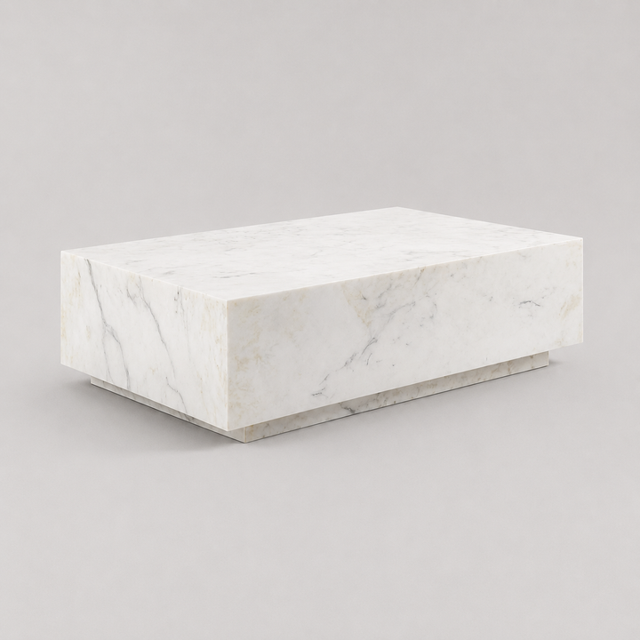 Altamira Luxury Solid Marble Coffee Table with Beveled Edges, Minimalist Block Design & Natural Stone Veining for Modern Elegant Interiors