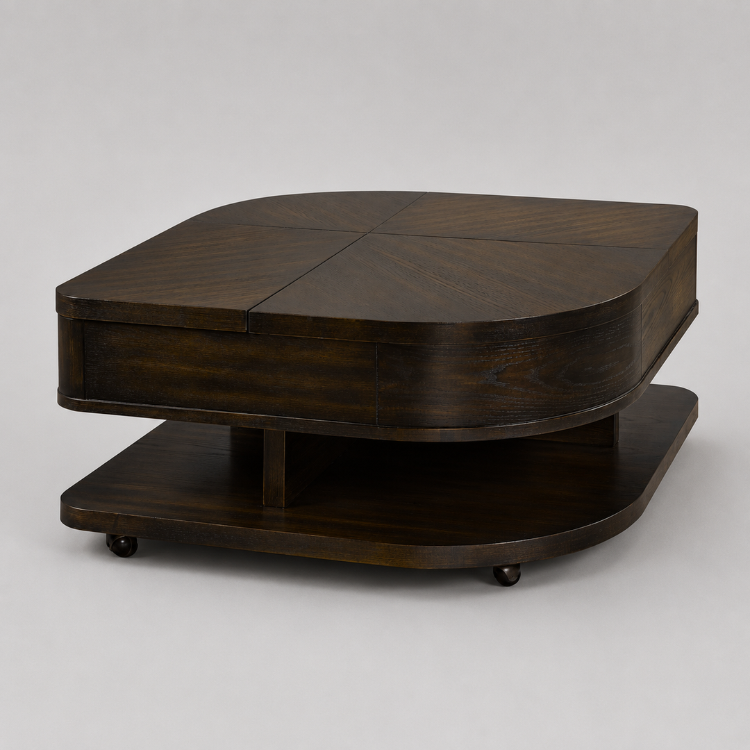 Seraphina Luxury Lift-Top Coffee Table with Dual Storage, Mobile Casters & Dark Wood Finish for Modern Functional Living Rooms