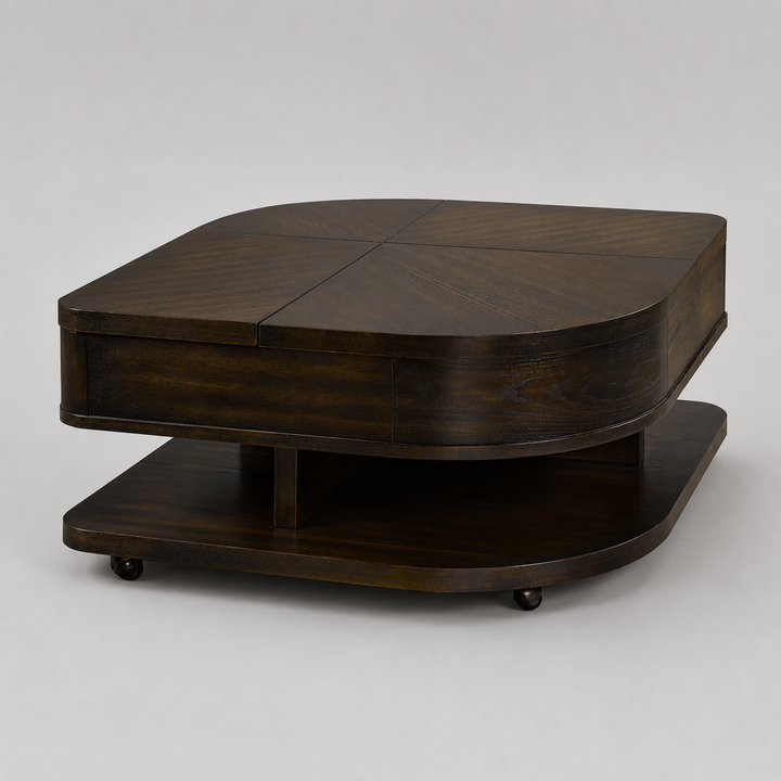 Seraphina Luxury Lift-Top Coffee Table with Dual Storage, Mobile Casters & Dark Wood Finish for Modern Functional Living Rooms