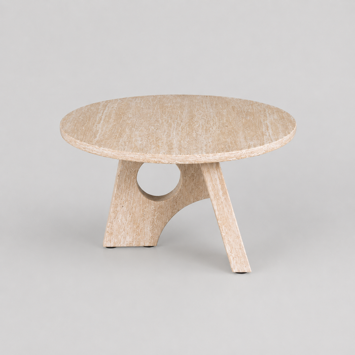 Grand Maison Modern Coffee Table with Geometric Base, Sand Wood Round Top & Sculptural Contemporary Design for Elegant Living Spaces