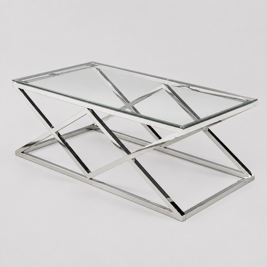 Valmont Modern Glass Coffee Table with 8mm Tempered Glass Top, Stainless Steel Legs & Open Cross Base Design for Contemporary Living Rooms