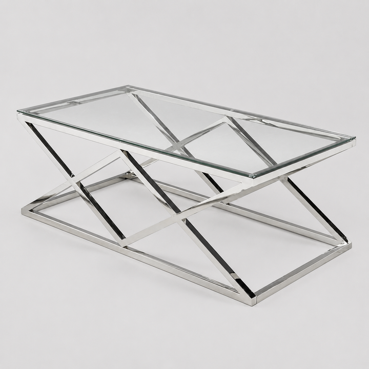 Valmont Modern Glass Coffee Table with 8mm Tempered Glass Top, Stainless Steel Legs & Open Cross Base Design for Contemporary Living Rooms