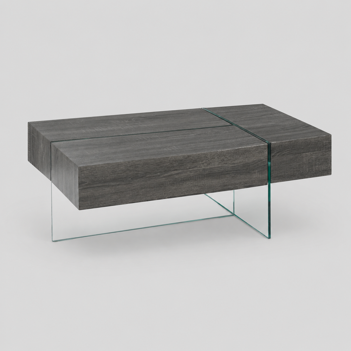 Casa Royale Modern Coffee Table with Tempered Glass Frame, Wood-Look Top & Built-In Storage Compartments for Contemporary Living Rooms
