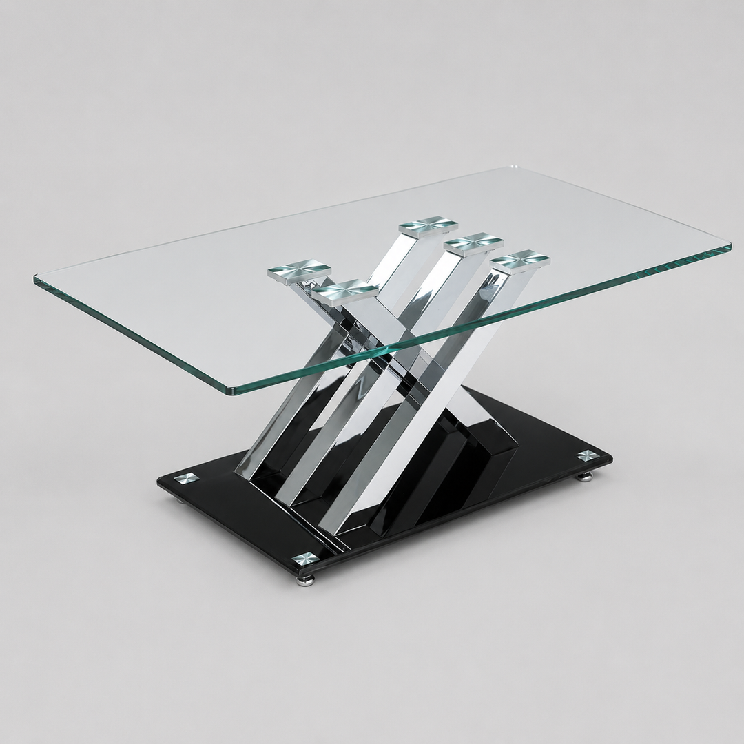 Bellagio Premium Coffee Table with Thick Tempered Glass and Unique Cross Post Chrome Base for Elegant Interiors