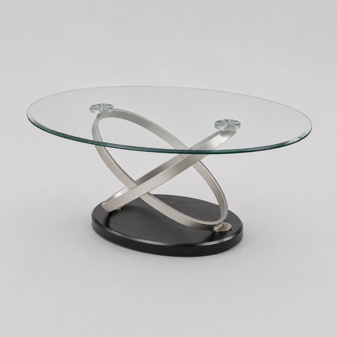 Solvane Premium Luxury Living Room Set with Beveled Glass Top and Modern Sculptural Chrome Pedestal Design