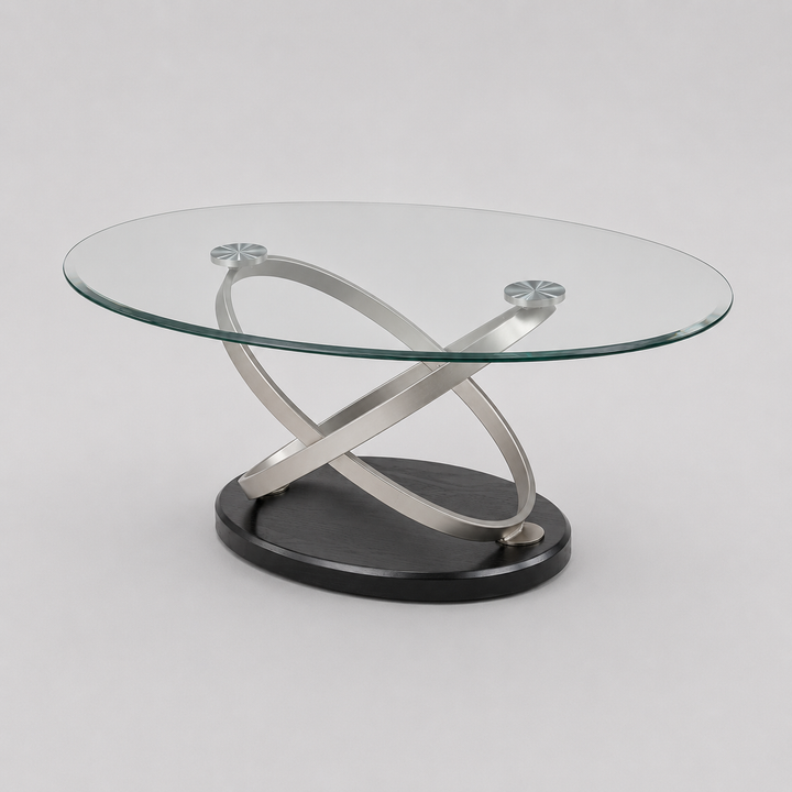 Solvane Premium Luxury Living Room Set with Beveled Glass Top and Modern Sculptural Chrome Pedestal Design