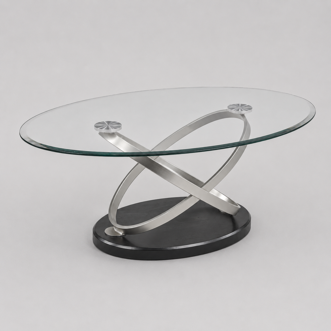 Montclair Luxury Tempered Glass Coffee Table with Sculptural Chrome Base for Modern Living Rooms
