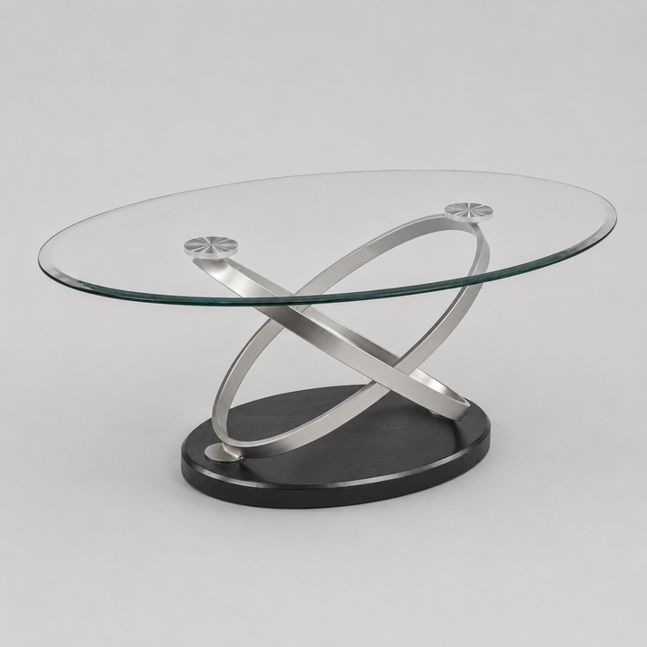 Montclair Luxury Tempered Glass Coffee Table with Sculptural Chrome Base for Modern Living Rooms