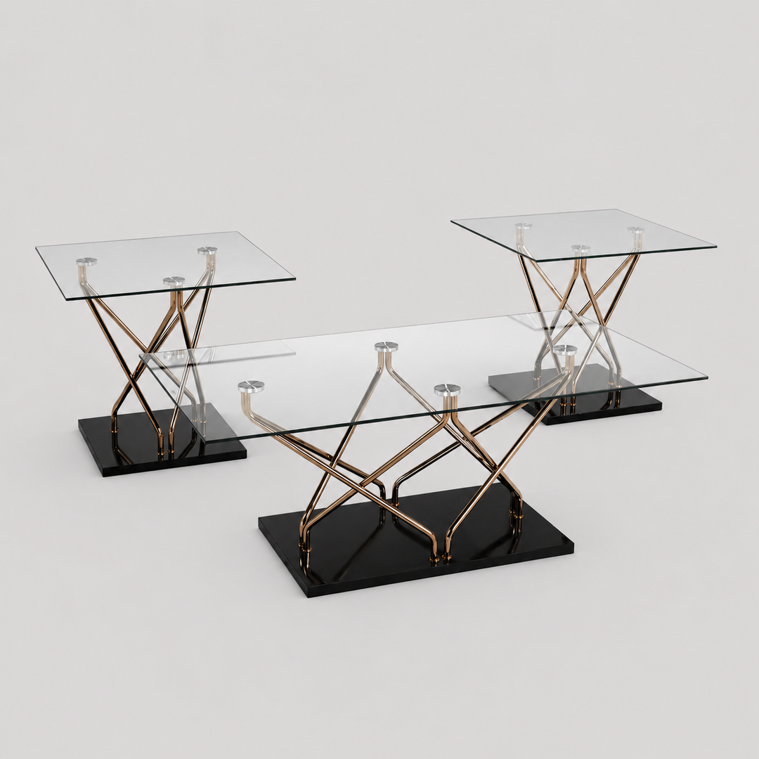 Liora Modern Coffee Table Set with Clear Tempered Glass & Rose Gold Stainless Steel Frame
