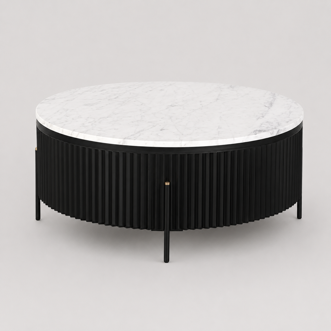 Kael Modern Marble Coffee Table with Solid Wood Base & Powder-Coated Metal Legs
