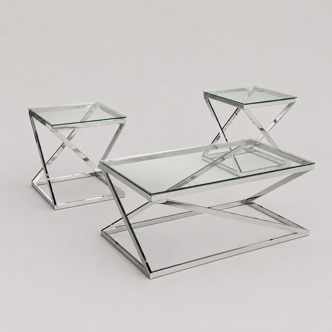 Juno Modern Coffee Table Set with Clear Tempered Glass Top & Chrome Stainless Steel Frame (3-Piece Set)