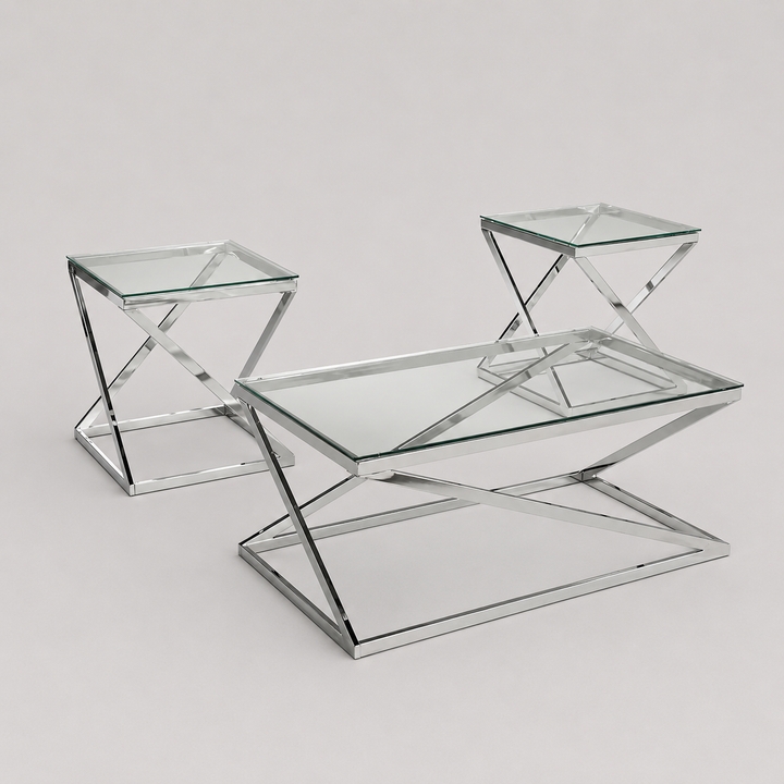 Juno Modern Coffee Table Set with Clear Tempered Glass Top & Chrome Stainless Steel Frame (3-Piece Set)